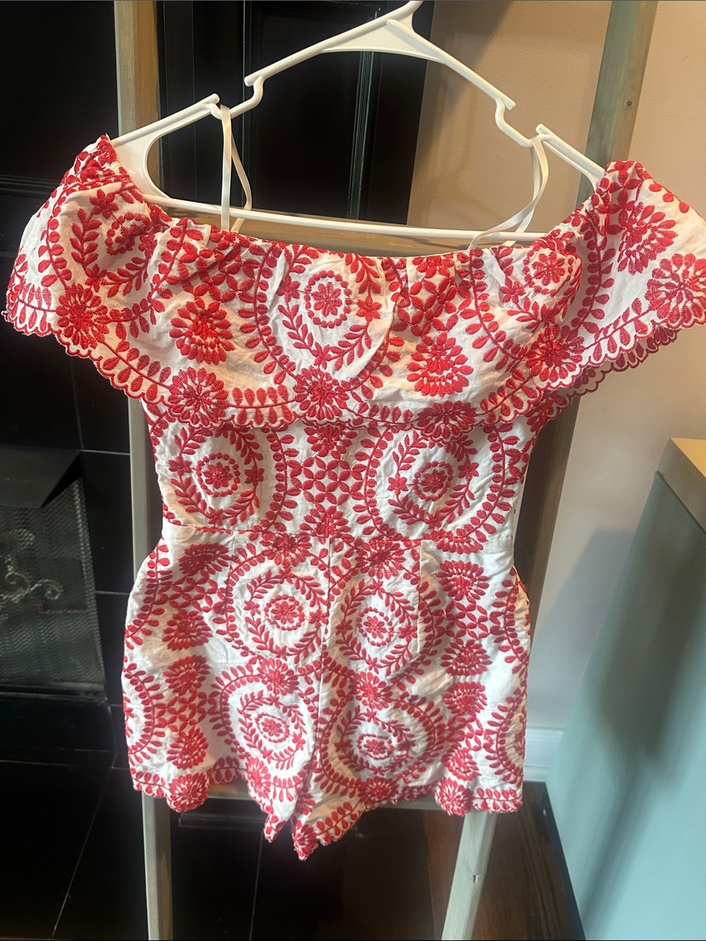 Off-Shoulder White Romper with Red Embroidered Floral Pattern